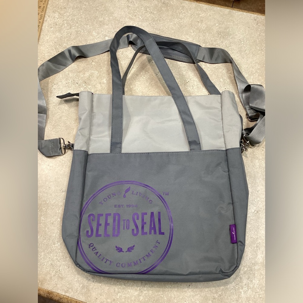 Young Living essential oil grey and purple crossbody tote bag